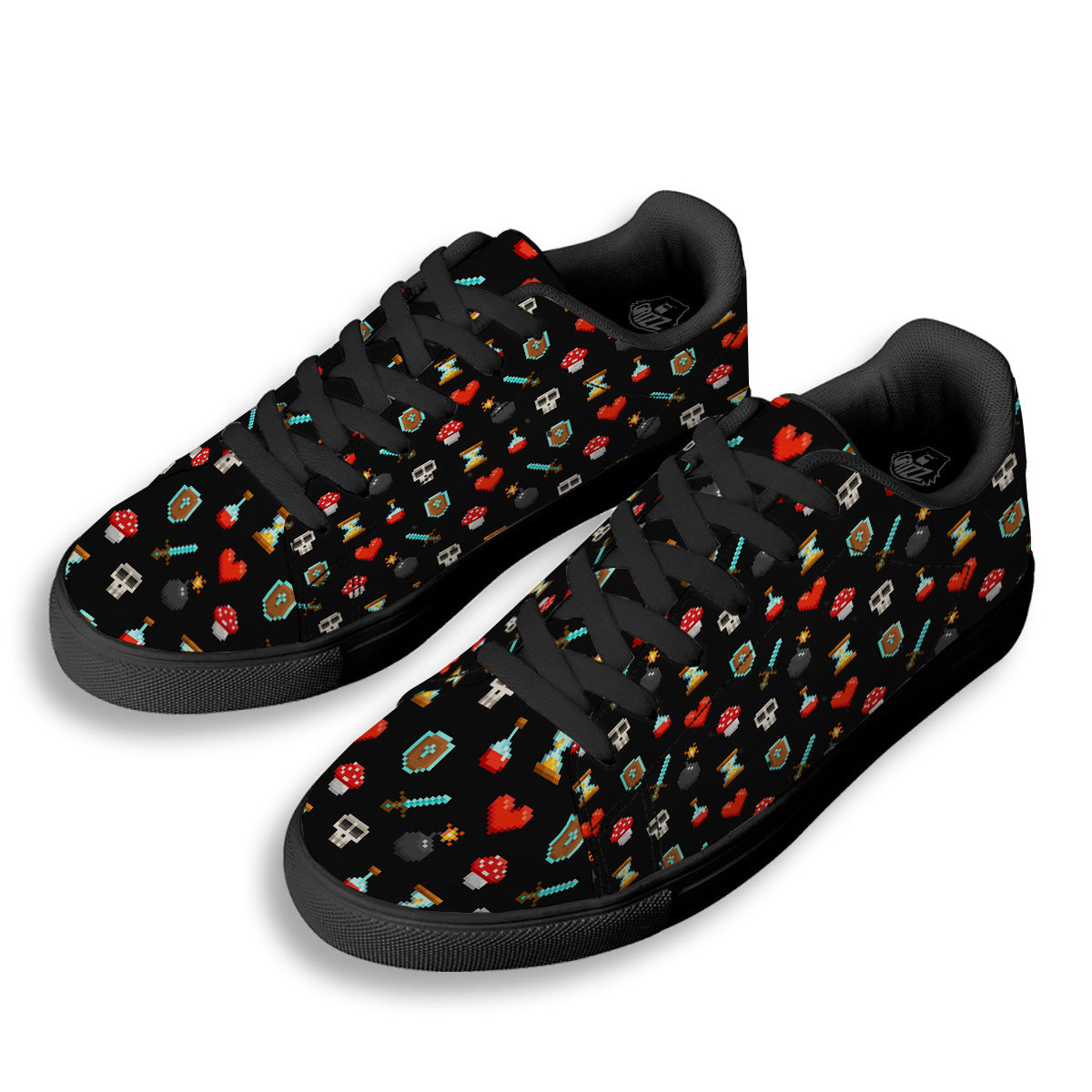 Pixel Graphics Game Icons Print Pattern Black Low Top Sneakers-grizzshop