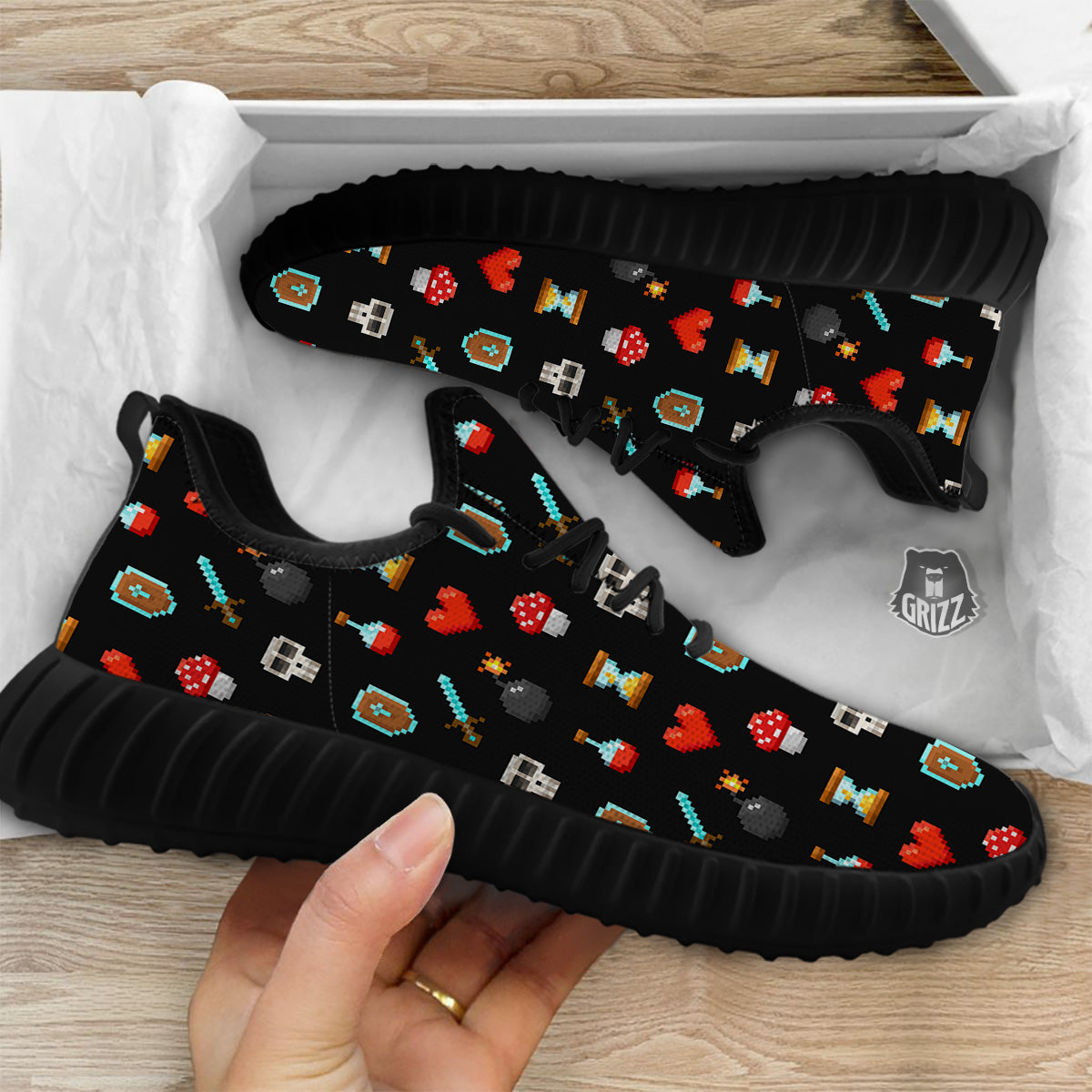 Pixel Graphics Game Icons Print Pattern Black Walking Shoes-grizzshop