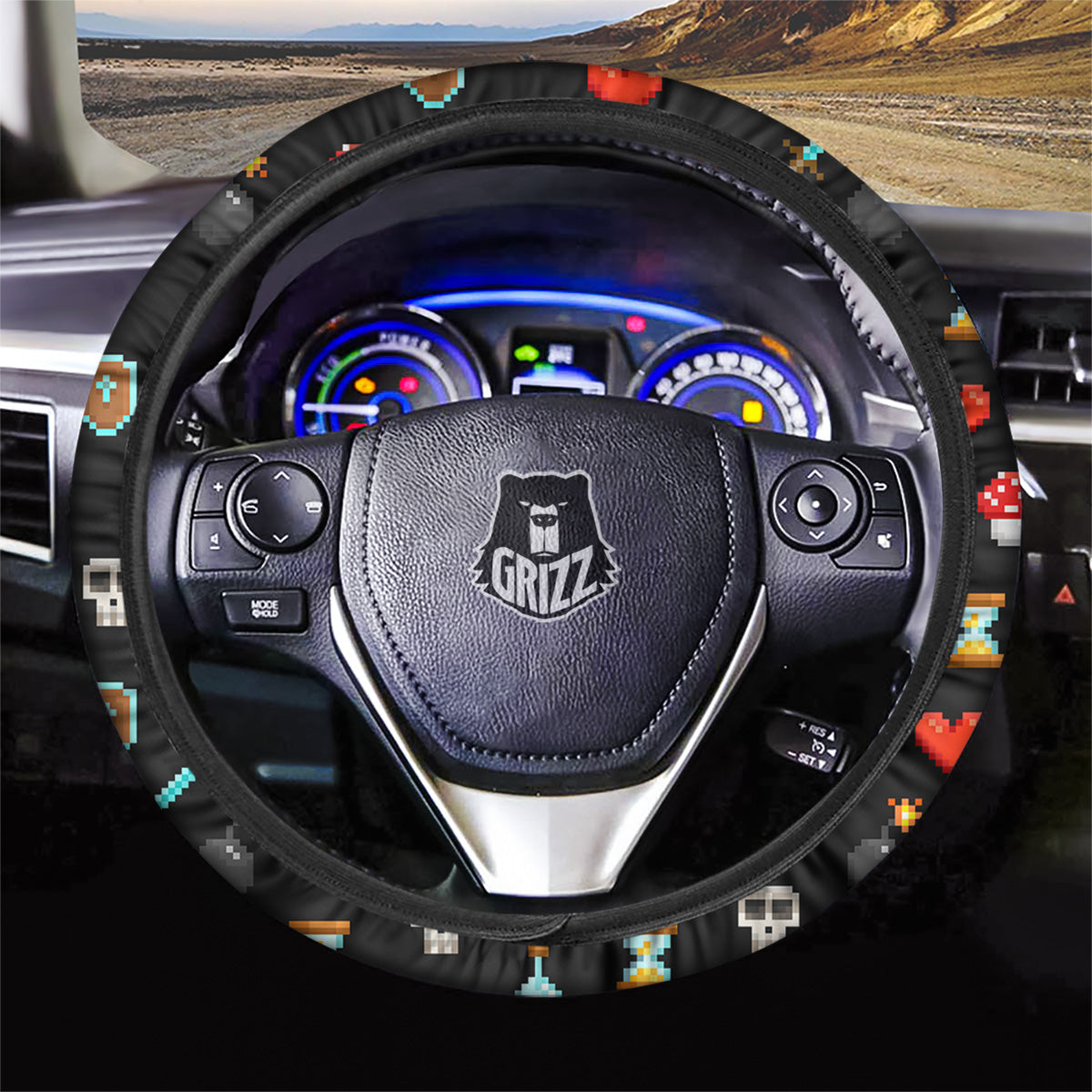 Pixel Graphics Game Icons Print Pattern Car Steering Wheel Cover-grizzshop