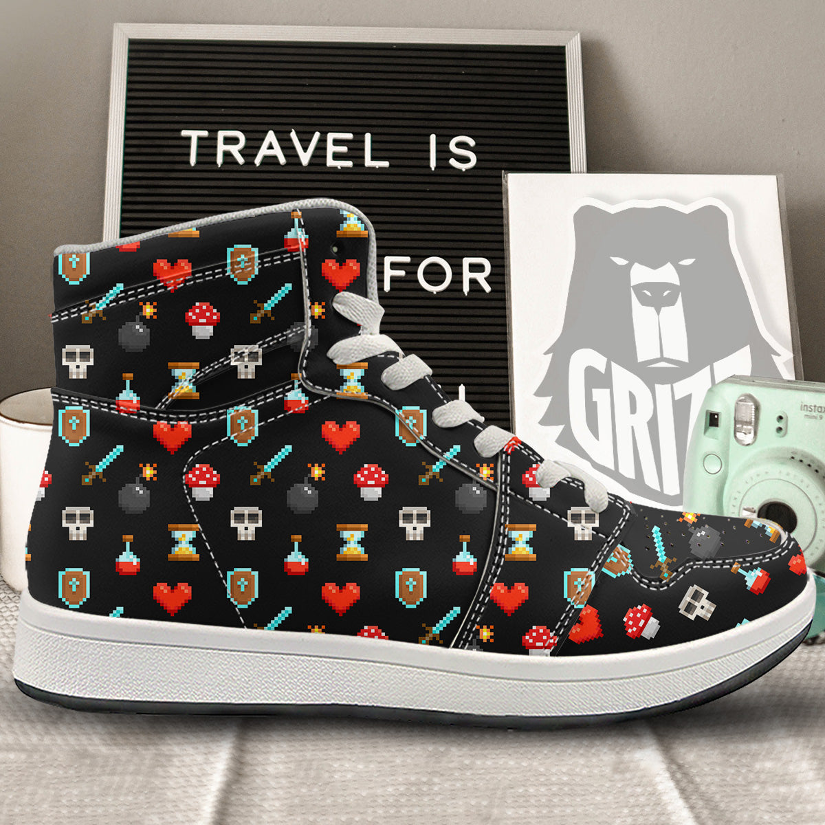 Pixel Graphics Game Icons Print Pattern High Top Sneakers-grizzshop
