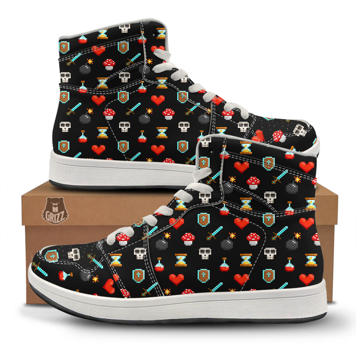 Pixel Graphics Game Icons Print Pattern High Top Sneakers-grizzshop