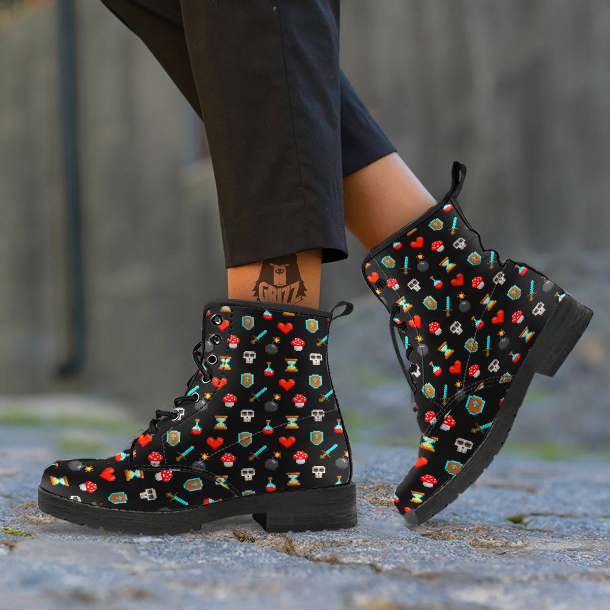 Pixel Graphics Game Icons Print Pattern Leather Boots-grizzshop