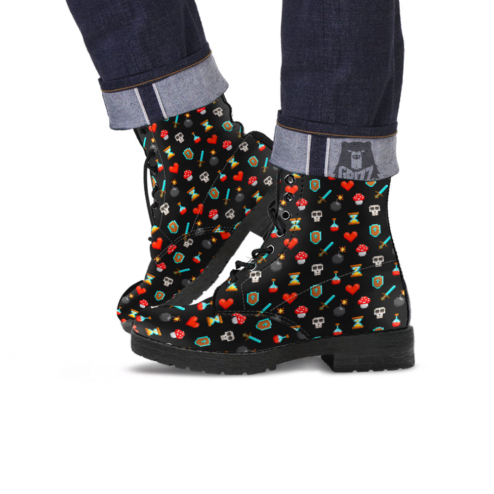 Pixel Graphics Game Icons Print Pattern Leather Boots-grizzshop