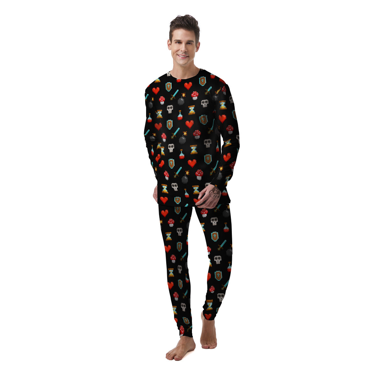 Pixel Graphics Game Icons Print Pattern Men's Pajamas-grizzshop