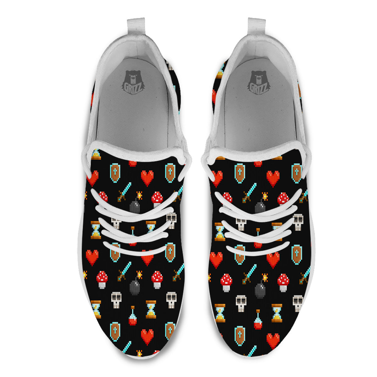 Pixel Graphics Game Icons Print Pattern White Athletic Shoes-grizzshop