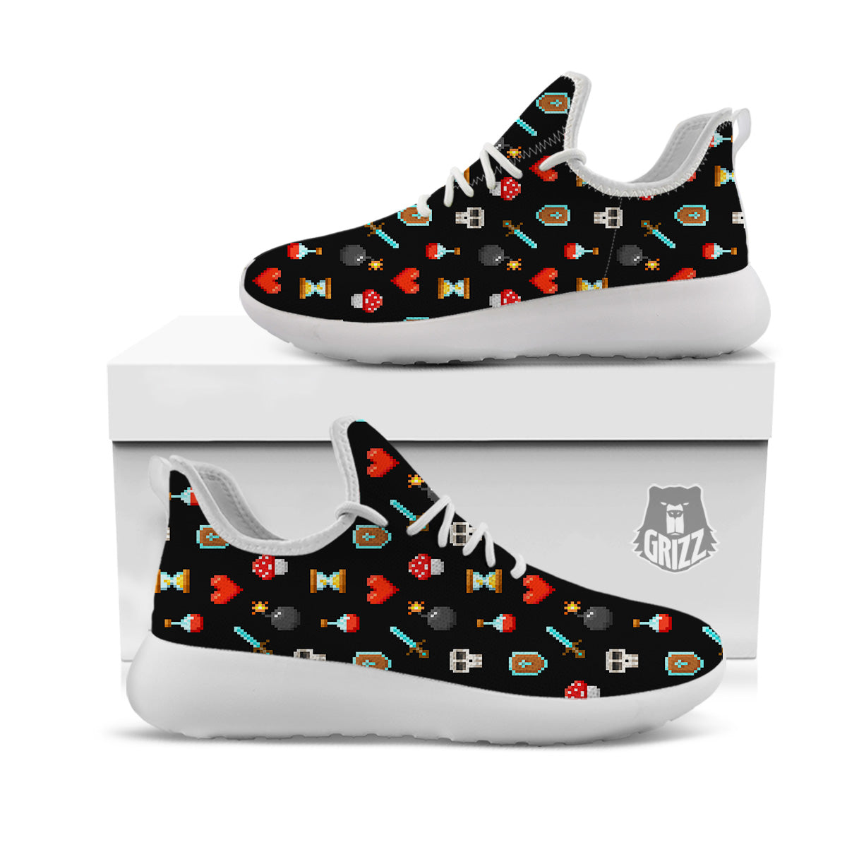 Pixel Graphics Game Icons Print Pattern White Athletic Shoes-grizzshop