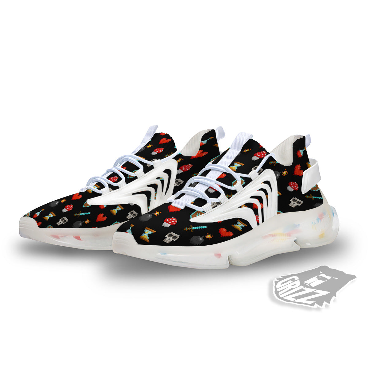 Pixel Graphics Game Icons Print Pattern White Gym Shoes-grizzshop