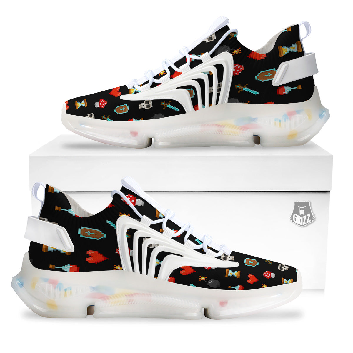 Pixel Graphics Game Icons Print Pattern White Gym Shoes-grizzshop