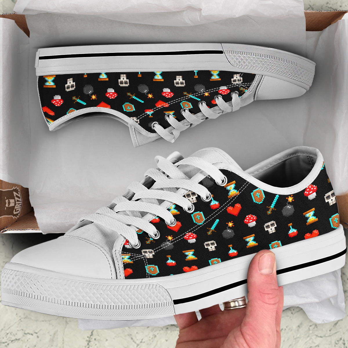 Pixel Graphics Game Icons Print Pattern White Low Top Shoes-grizzshop