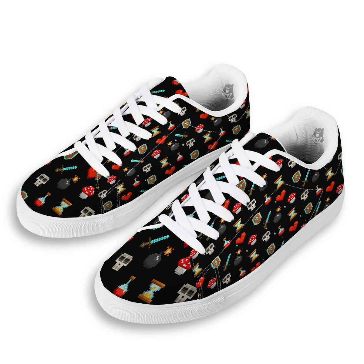 Pixel Graphics Game Icons Print Pattern White Low Top Sneakers-grizzshop