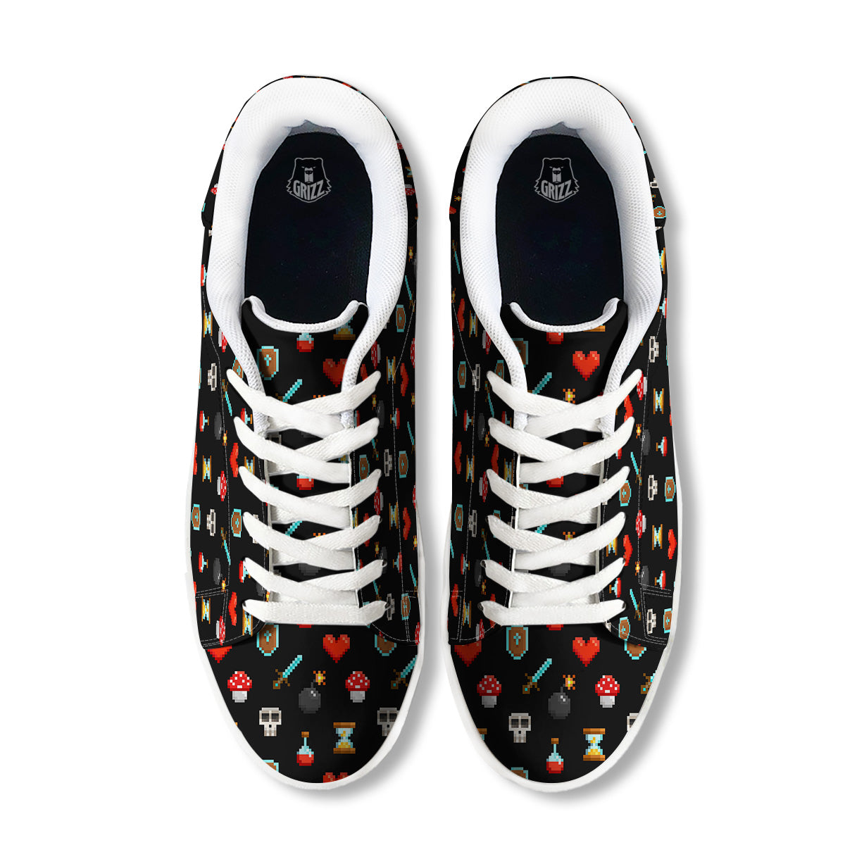 Pixel Graphics Game Icons Print Pattern White Low Top Sneakers-grizzshop