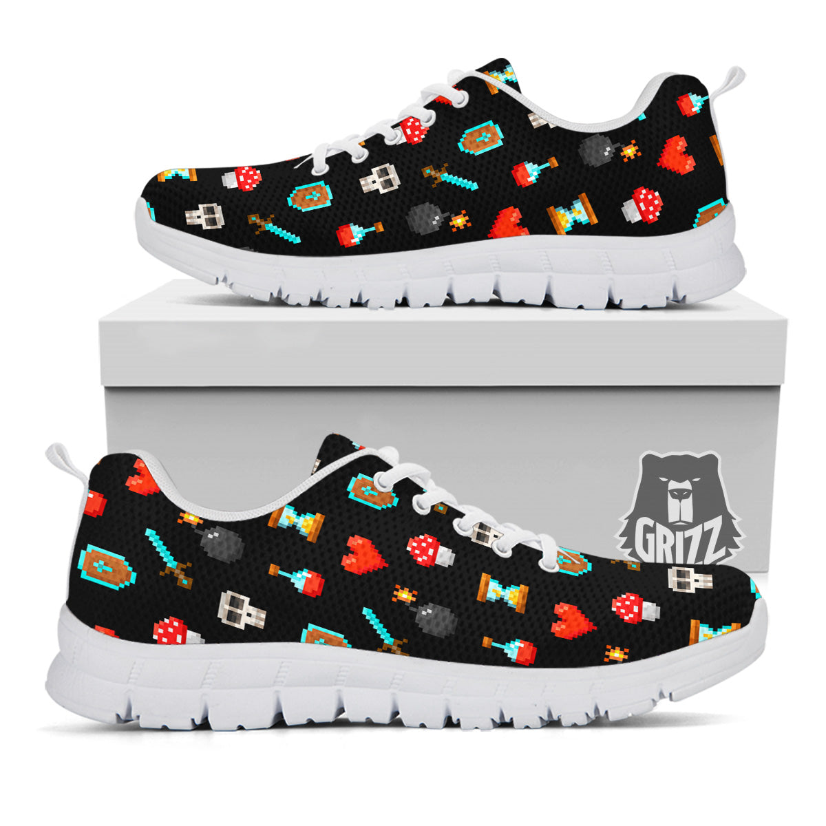 Pixel Graphics Game Icons Print Pattern White Sneaker-grizzshop