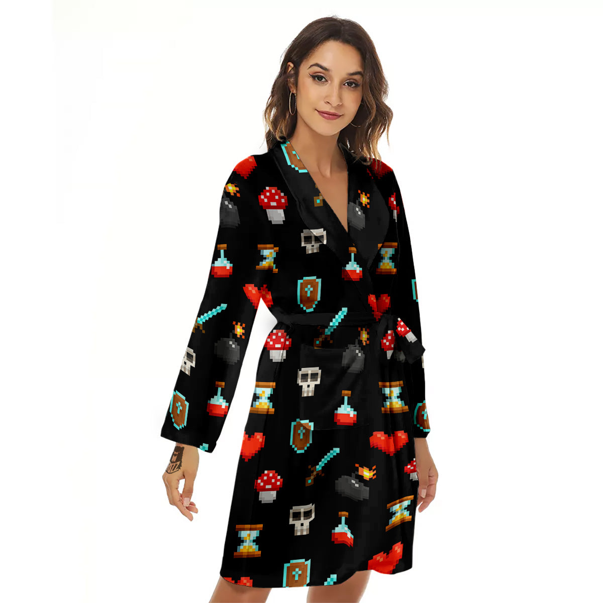 Pixel Graphics Game Icons Print Pattern Women's Robe-grizzshop
