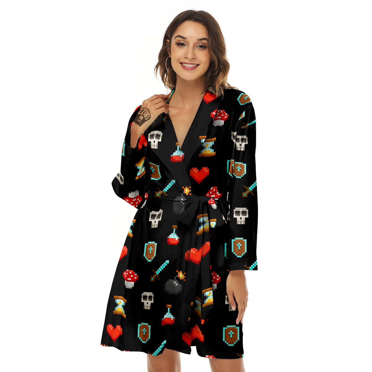 Pixel Graphics Game Icons Print Pattern Women's Robe-grizzshop