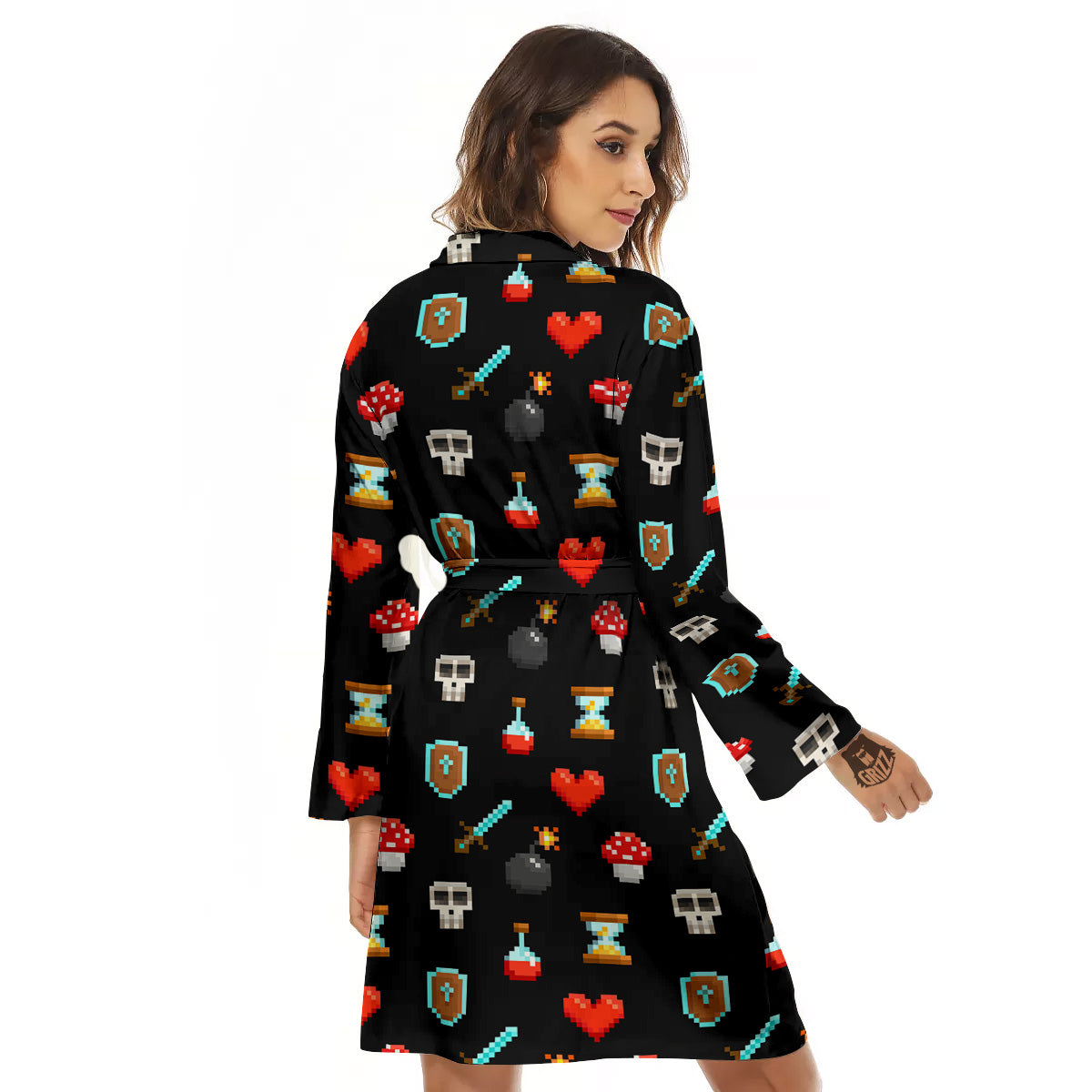 Pixel Graphics Game Icons Print Pattern Women's Robe-grizzshop