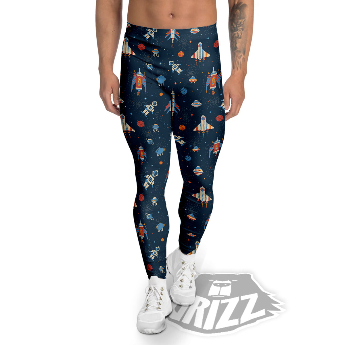 Pixel Space And Astronaut Print Pattern Men's Leggings-grizzshop