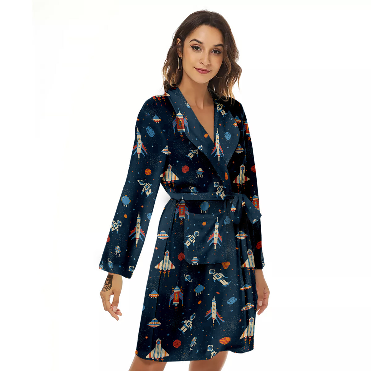 Pixel Space And Astronaut Print Pattern Women's Robe-grizzshop