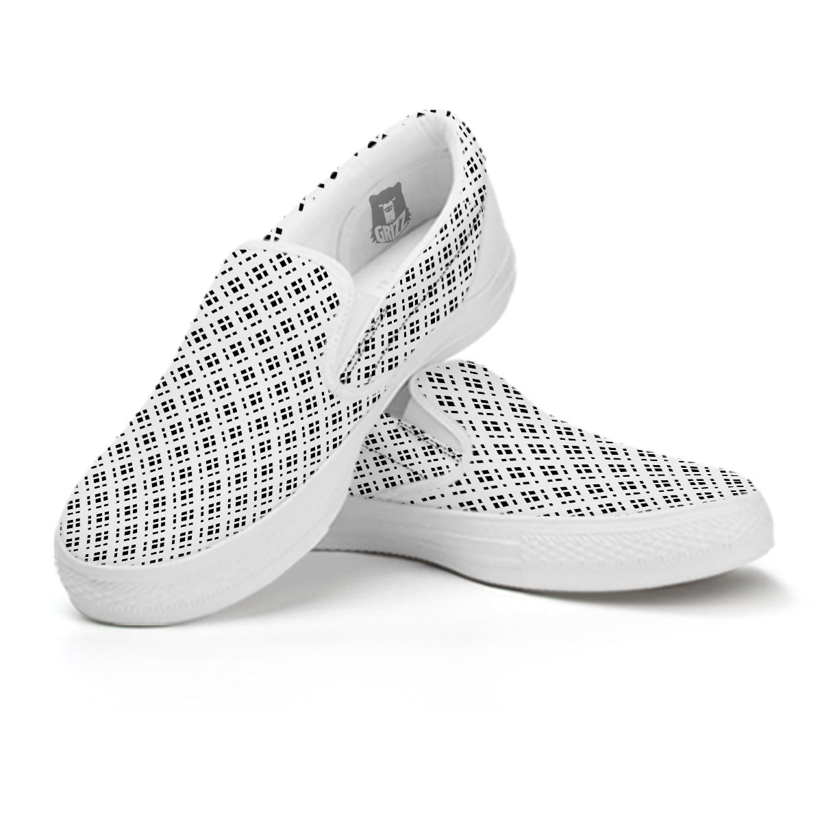 Pixel White And Black Print Pattern White Slip On Shoes-grizzshop