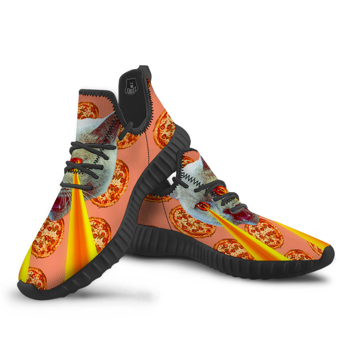 Pizza And Cat Print Black Walking Shoes-grizzshop