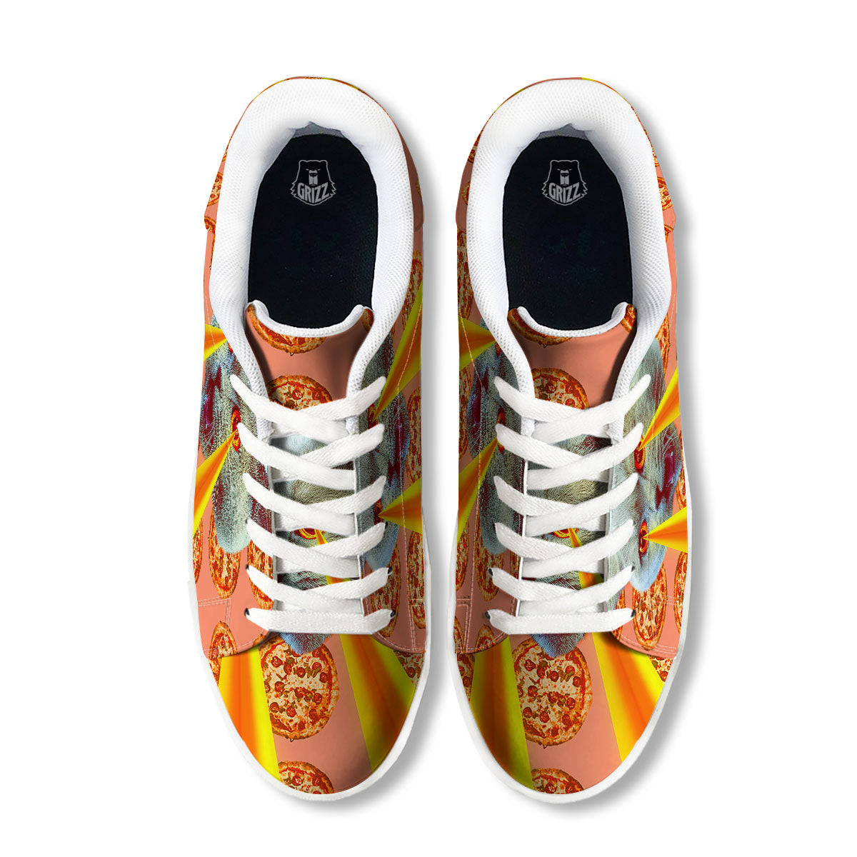 Pizza And Cat Print White Low Top Sneakers-grizzshop
