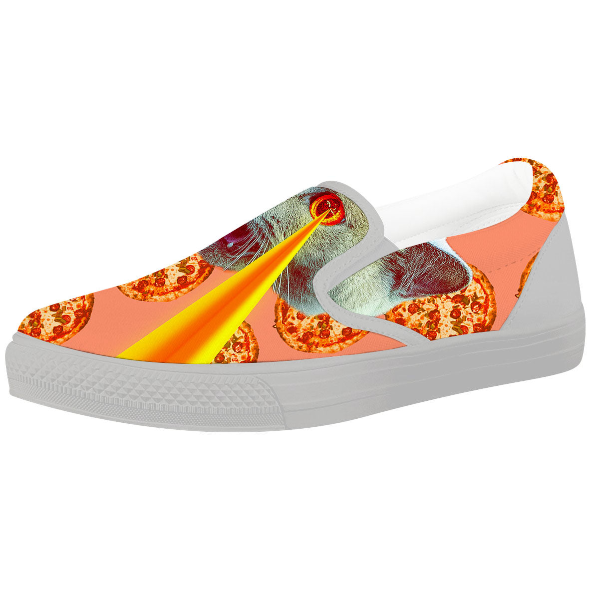 Pizza And Cat Print White Slip On Shoes-grizzshop