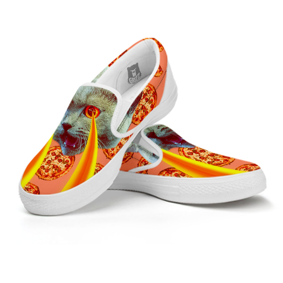 Pizza And Cat Print White Slip On Shoes-grizzshop