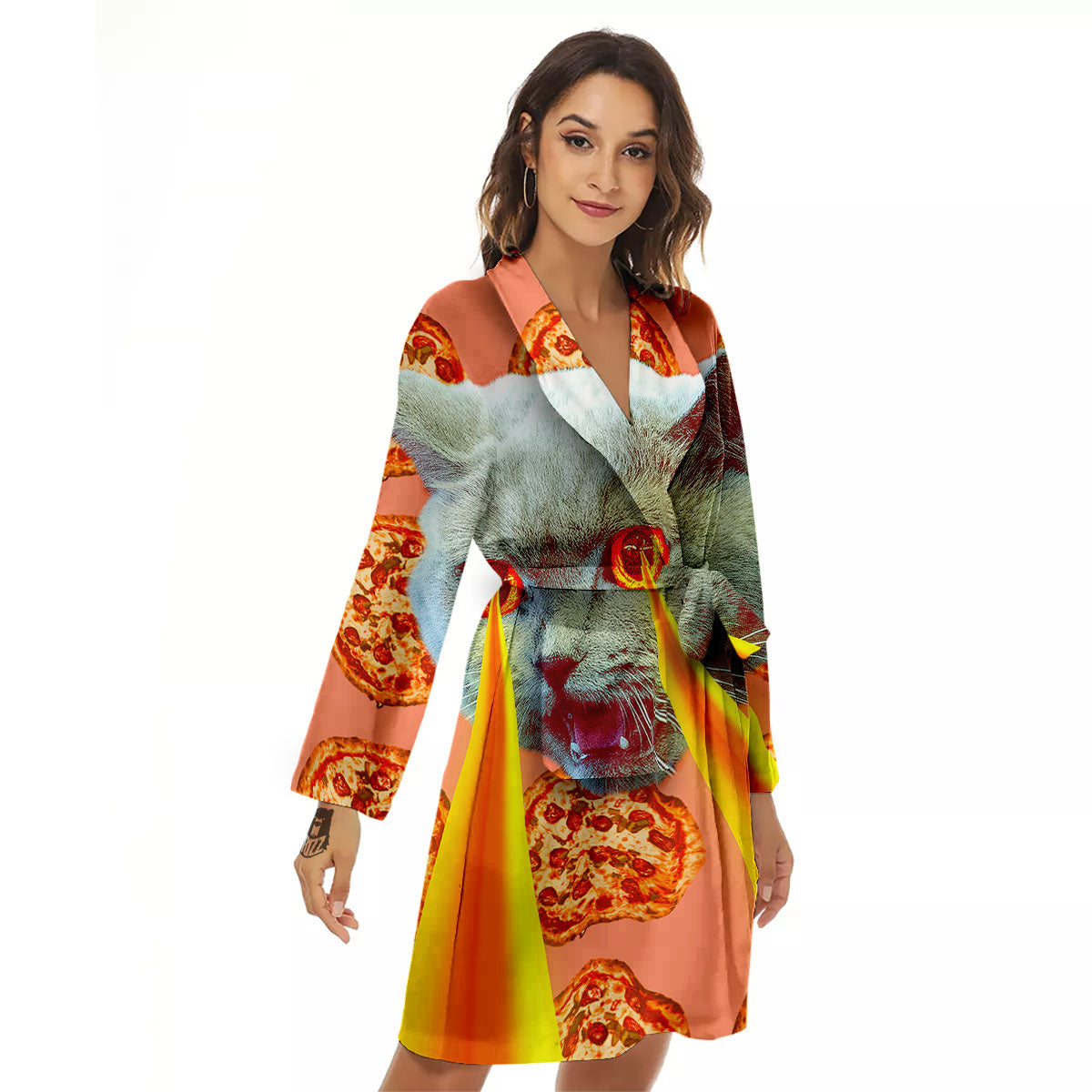 Pizza And Cat Print Women's Robe-grizzshop