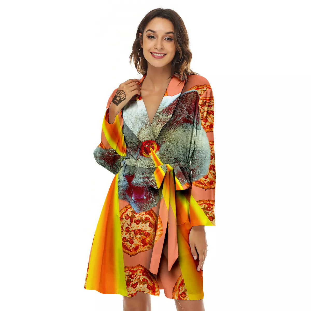 Pizza And Cat Print Women's Robe-grizzshop