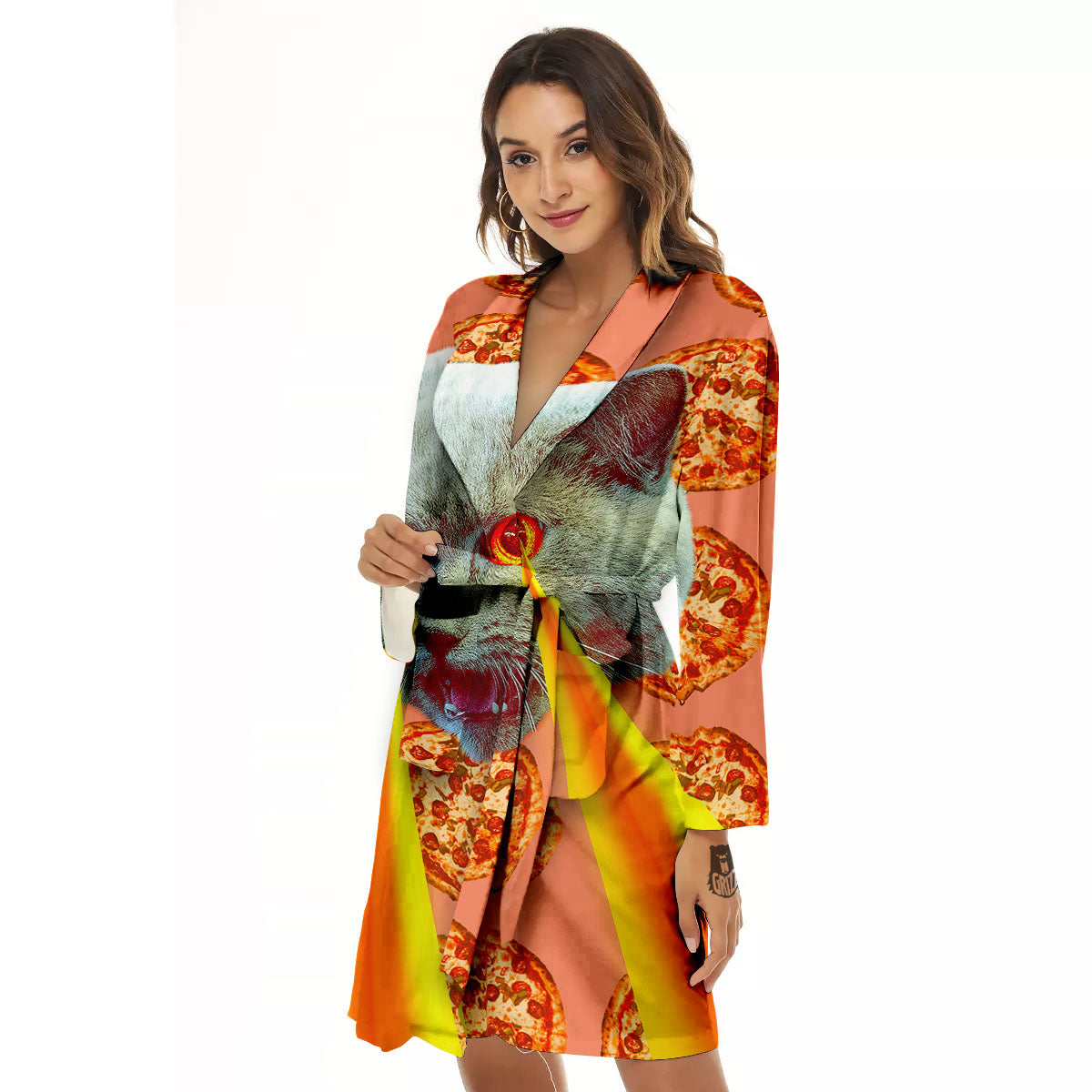 Pizza And Cat Print Women's Robe-grizzshop