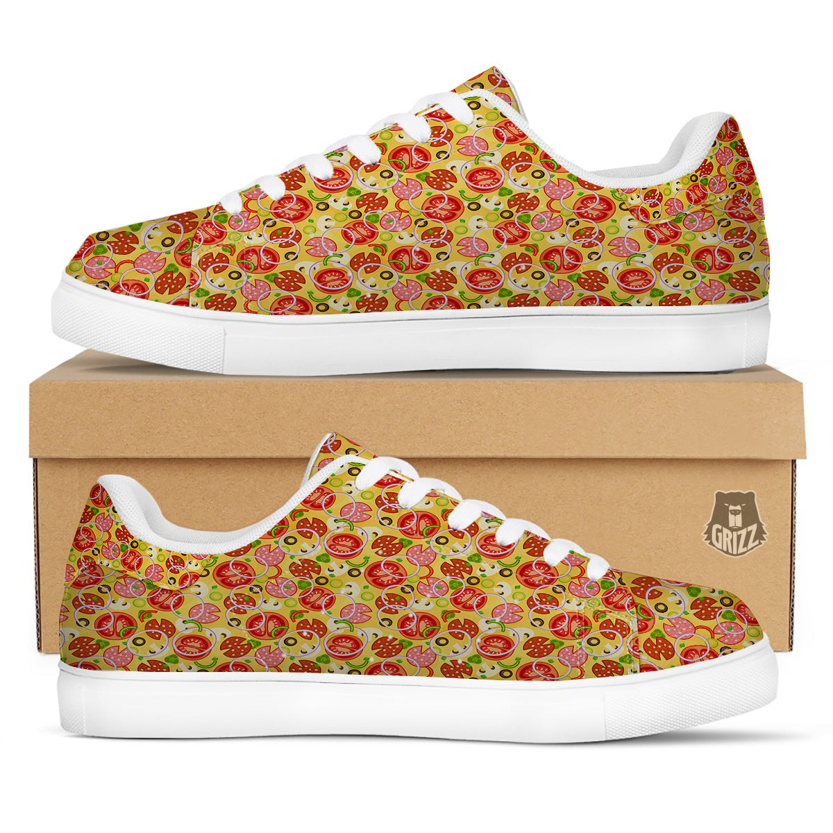 Pizza And Different Ingredients Print Pattern White Low Top Sneakers-grizzshop