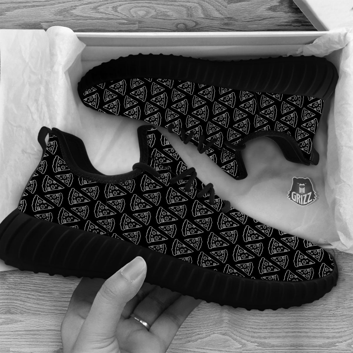 Pizza Black Print Pattern Black Walking Shoes-grizzshop