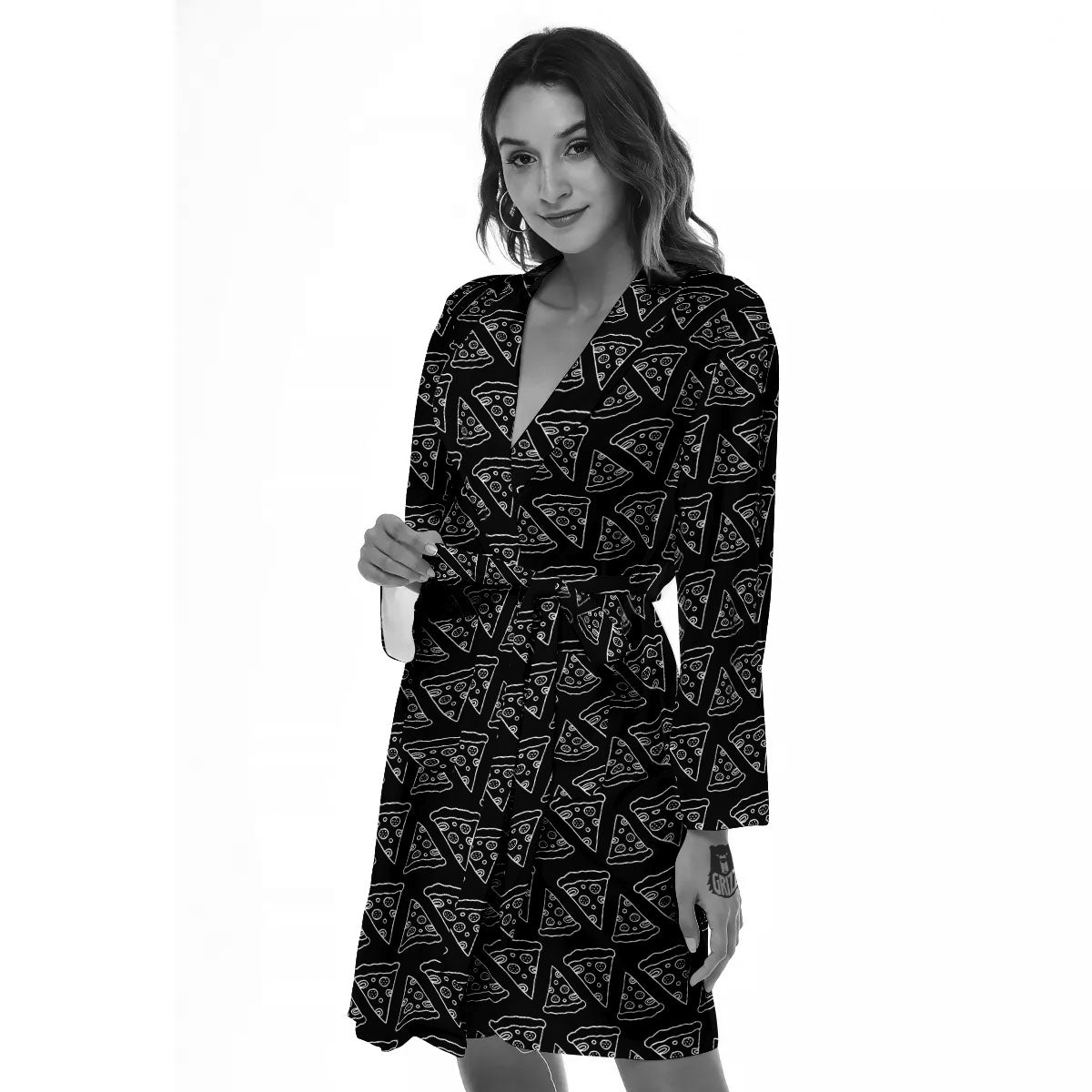 Pizza Black Print Pattern Women's Robe-grizzshop