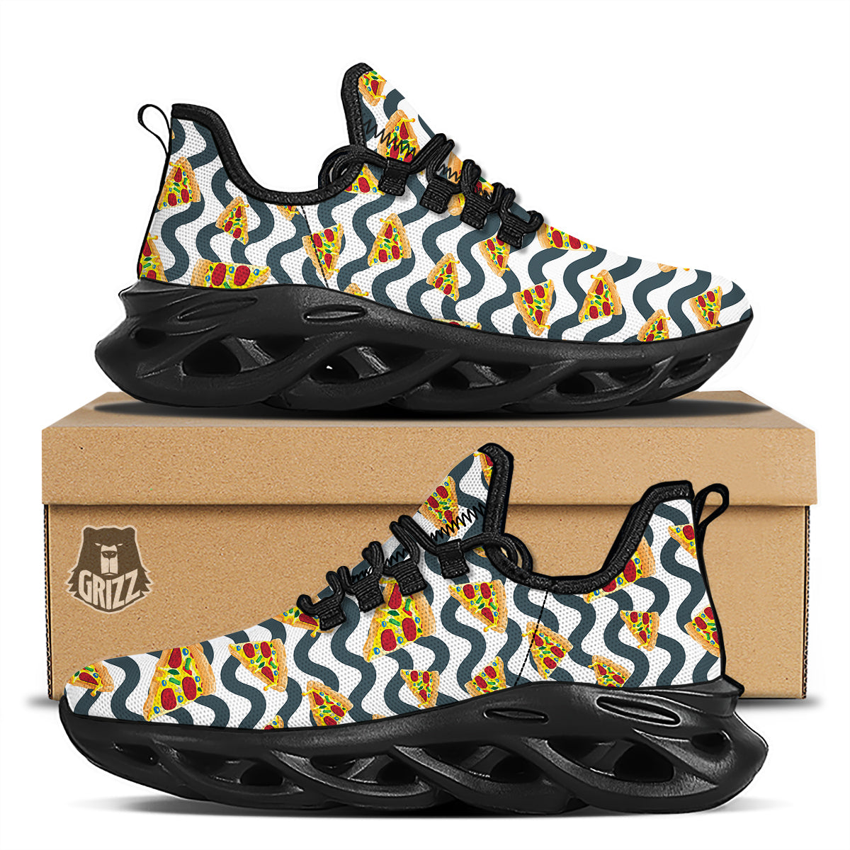 Pizza Zigzag Print Pattern Black Running Shoes-grizzshop