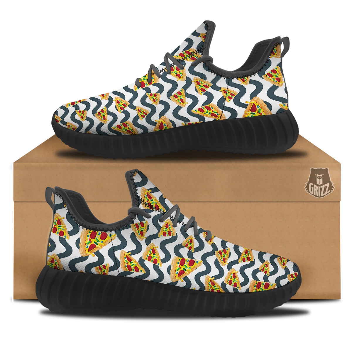 Pizza Zigzag Print Pattern Black Walking Shoes-grizzshop