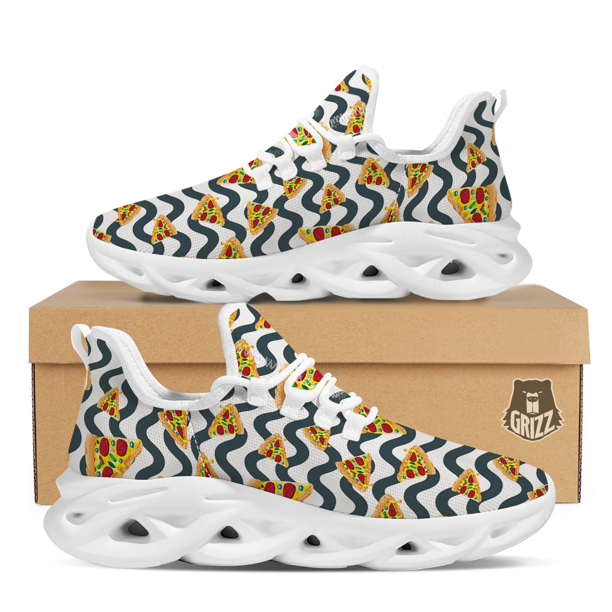 Pizza Zigzag Print Pattern White Running Shoes-grizzshop