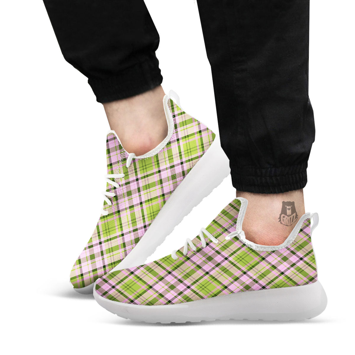 Plaid Green And Pink Print Pattern White Athletic Shoes-grizzshop