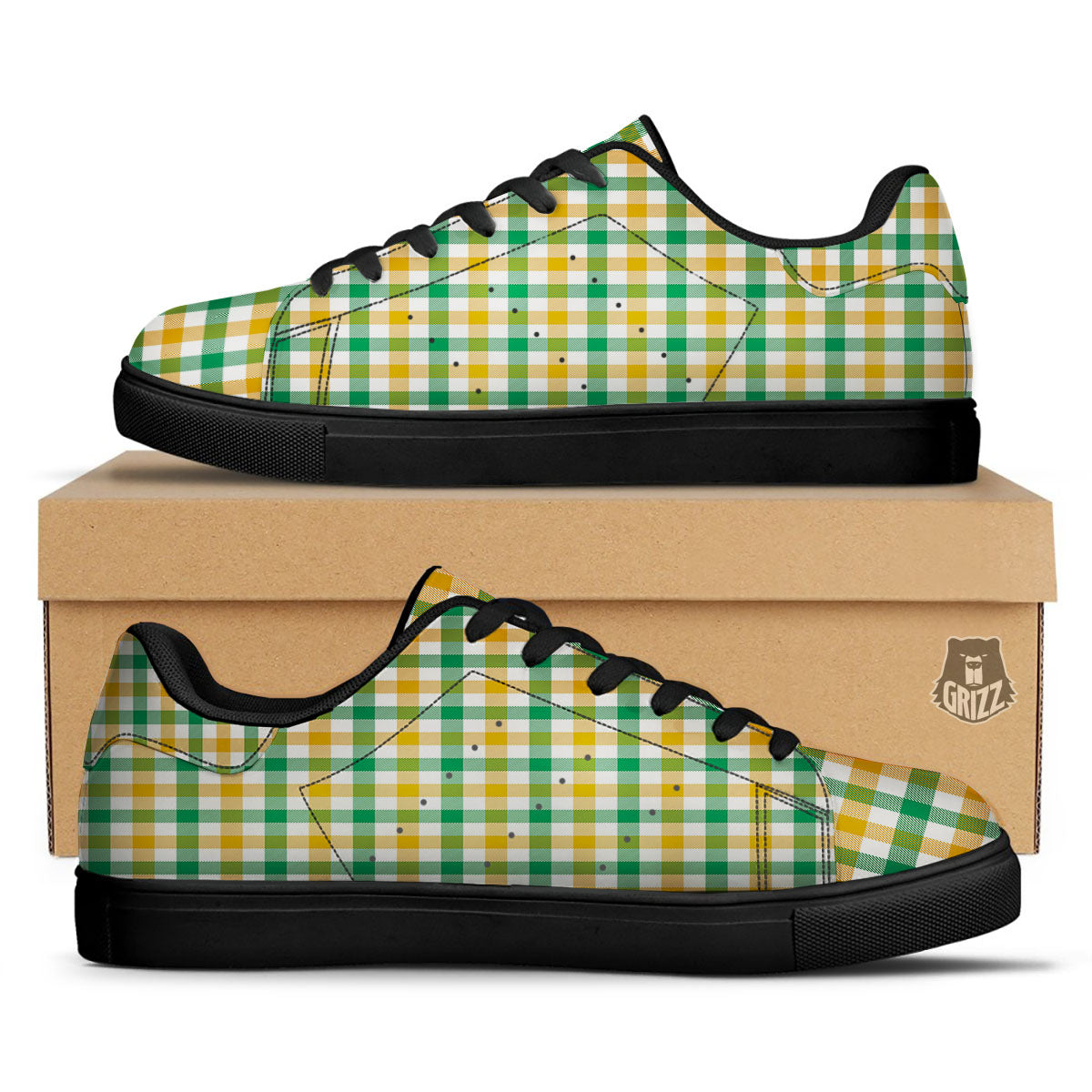 Plaid Irish Buffalo Print Pattern Black Low Top Sneakers-grizzshop
