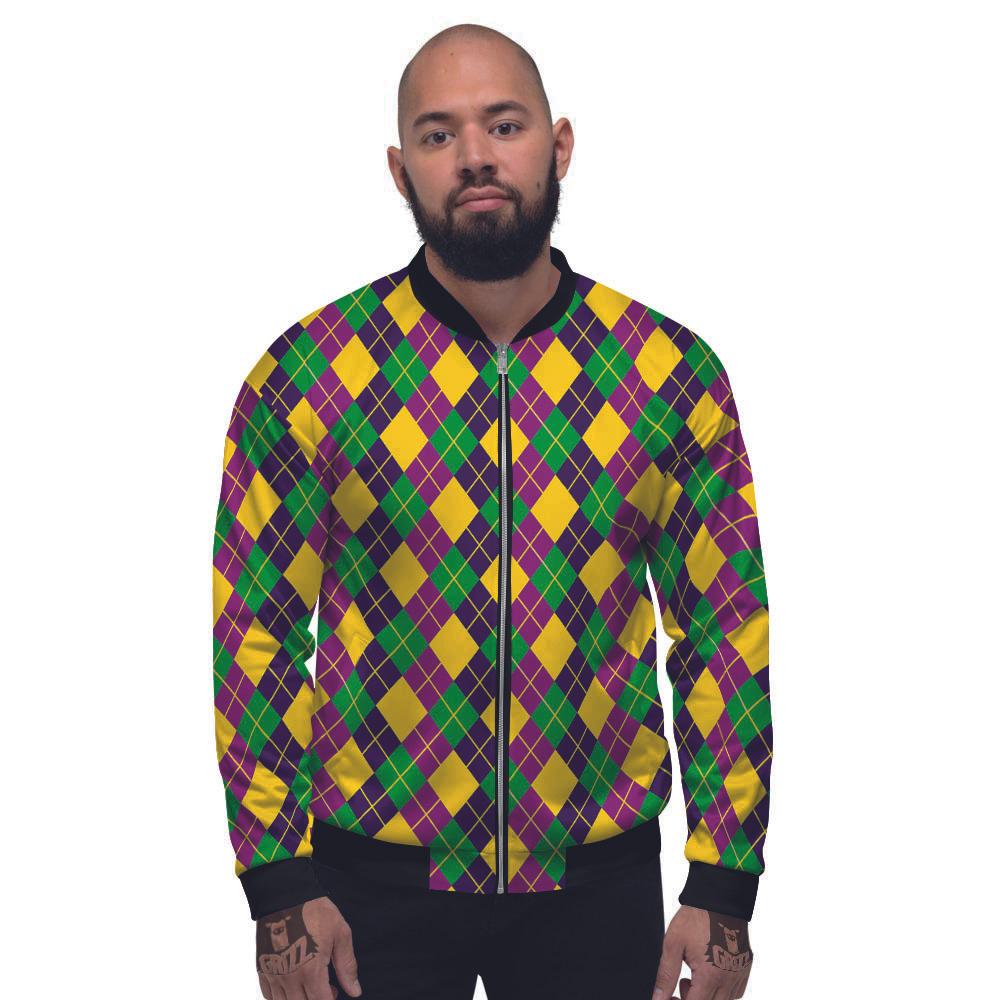 Plaid Mardi Gras Print Pattern Men's Bomber Jacket-grizzshop