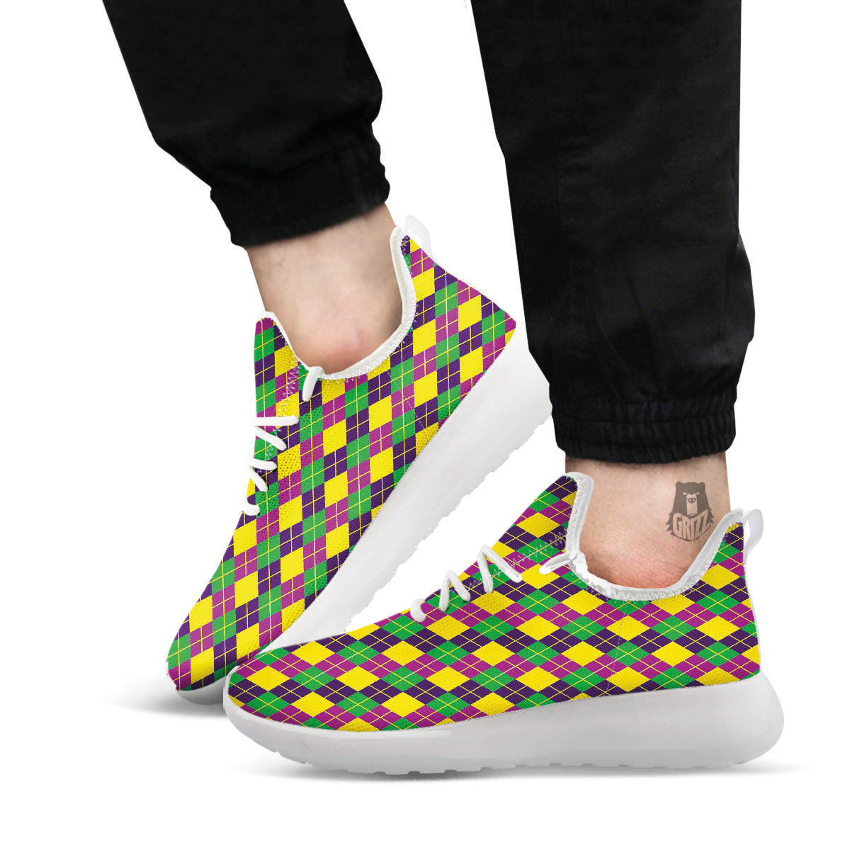 Plaid Mardi Gras Print Pattern White Athletic Shoes-grizzshop