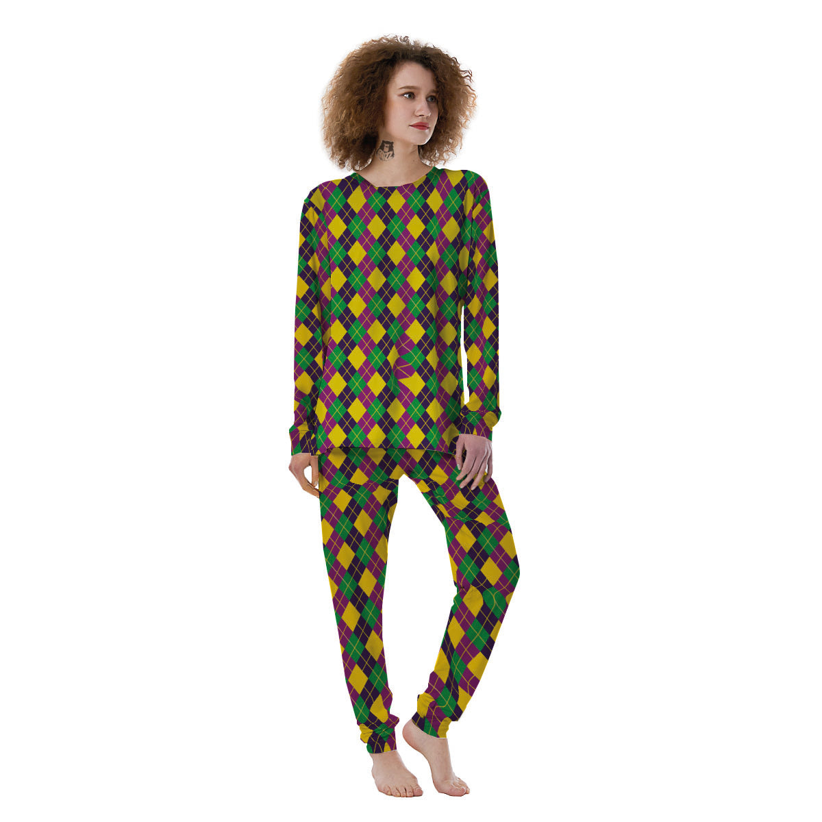 Plaid Mardi Gras Print Pattern Women's Pajamas-grizzshop