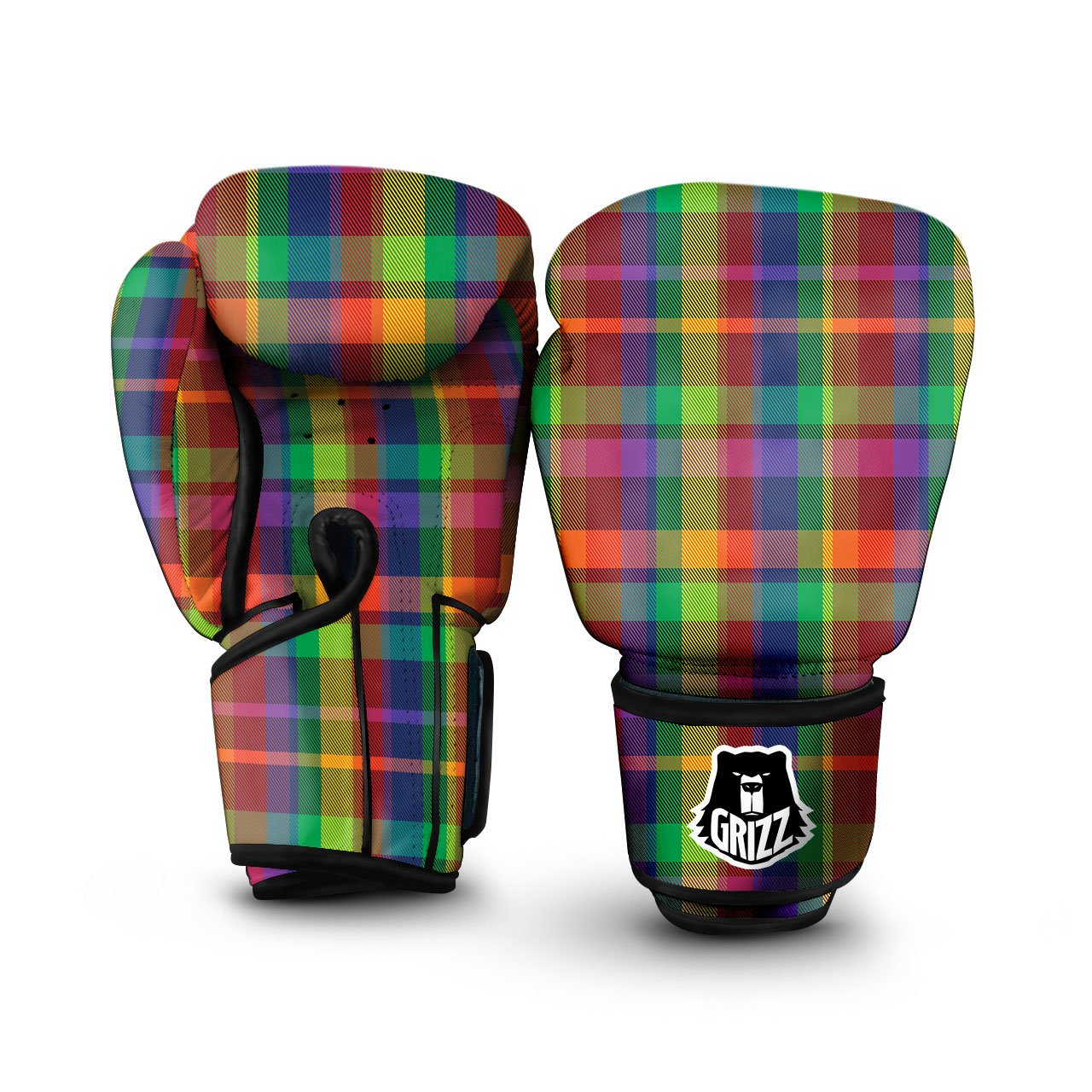 Plaid Rainbow Print Pattern Boxing Gloves-grizzshop