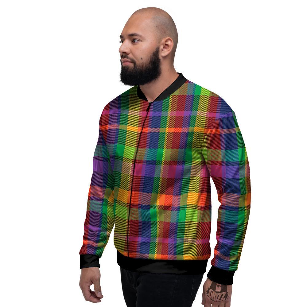Plaid Rainbow Print Pattern Men's Bomber Jacket-grizzshop
