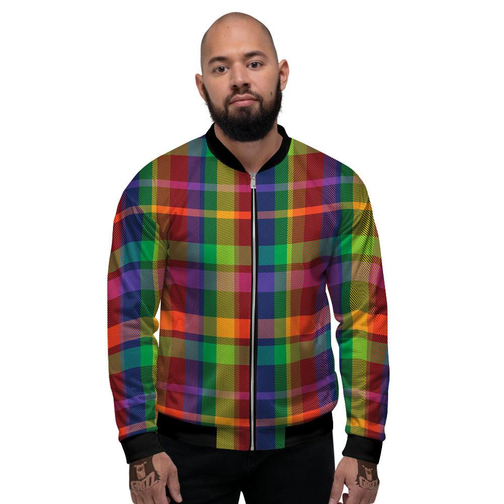 Plaid Rainbow Print Pattern Men's Bomber Jacket-grizzshop