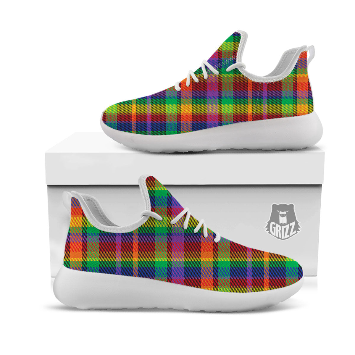 Plaid Rainbow Print Pattern White Athletic Shoes-grizzshop