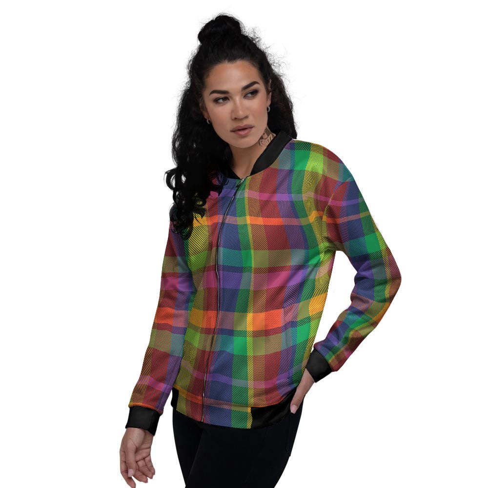 Plaid Rainbow Print Pattern Women's Bomber Jacket-grizzshop