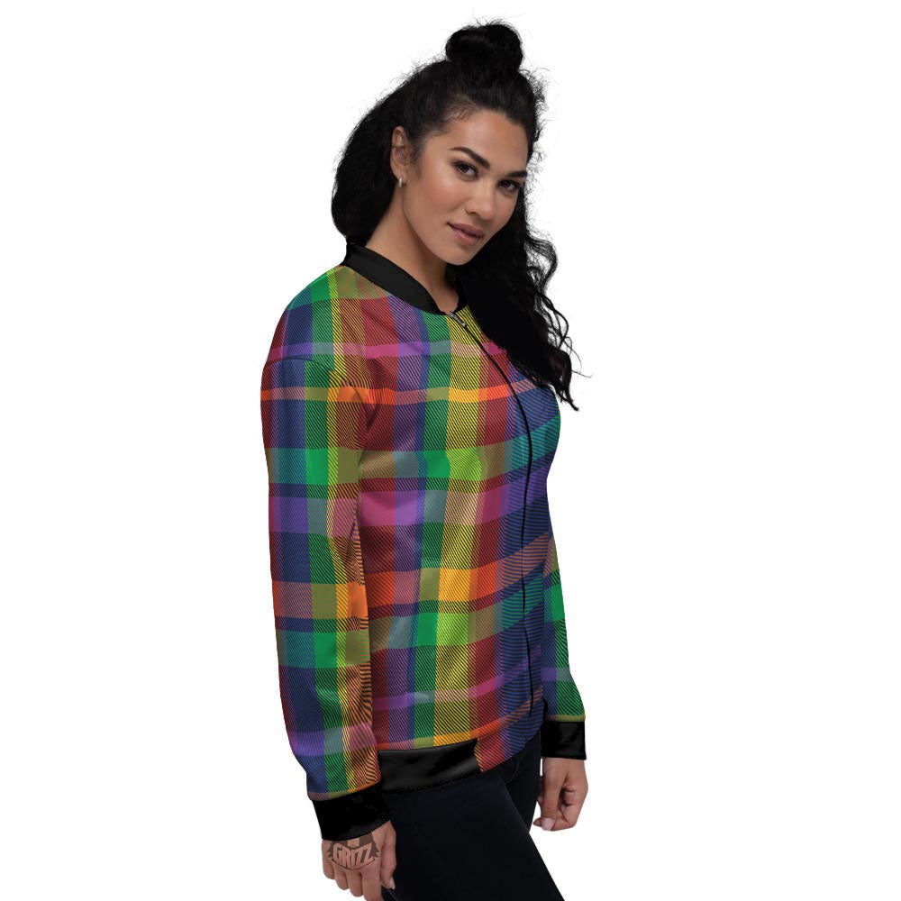Plaid Rainbow Print Pattern Women's Bomber Jacket-grizzshop