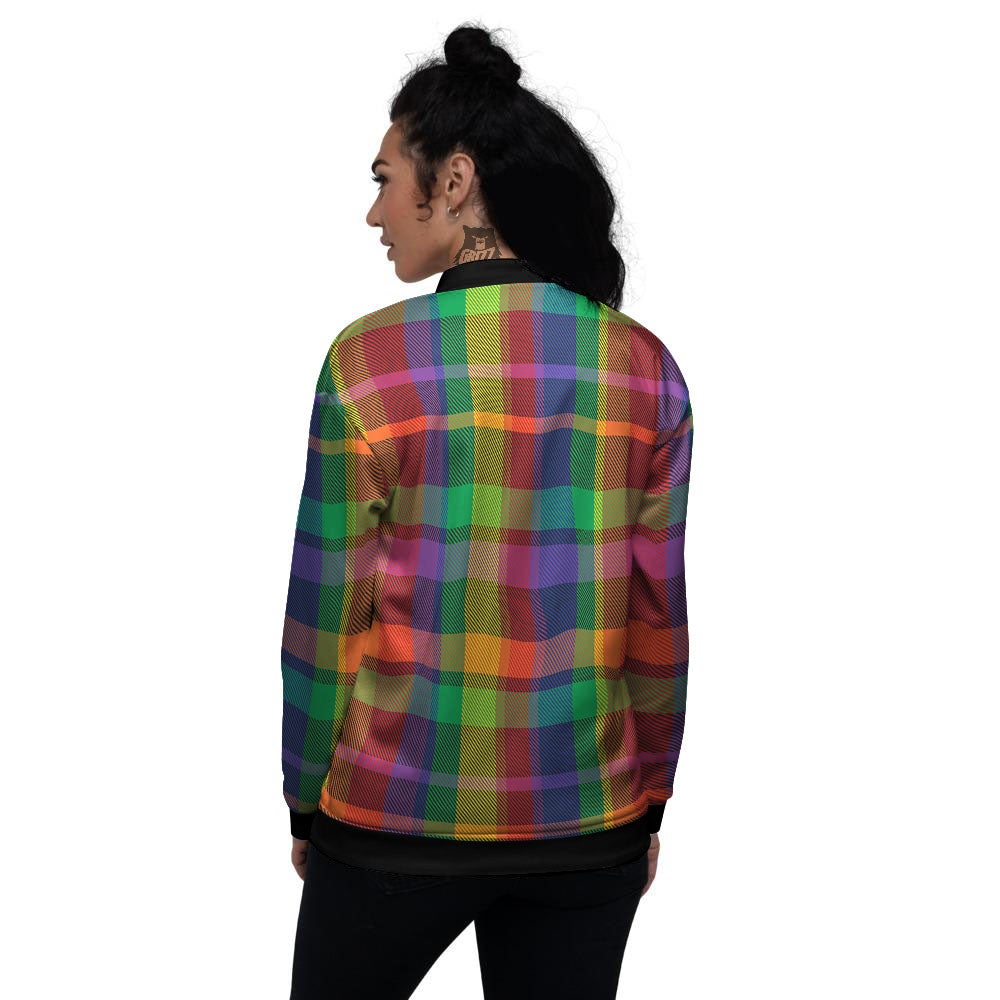 Plaid Rainbow Print Pattern Women's Bomber Jacket-grizzshop