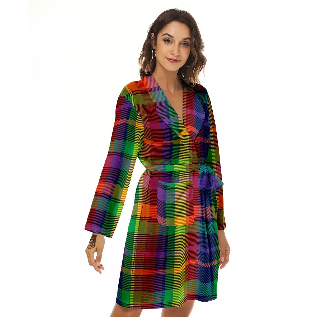 Plaid Rainbow Print Pattern Women's Robe-grizzshop