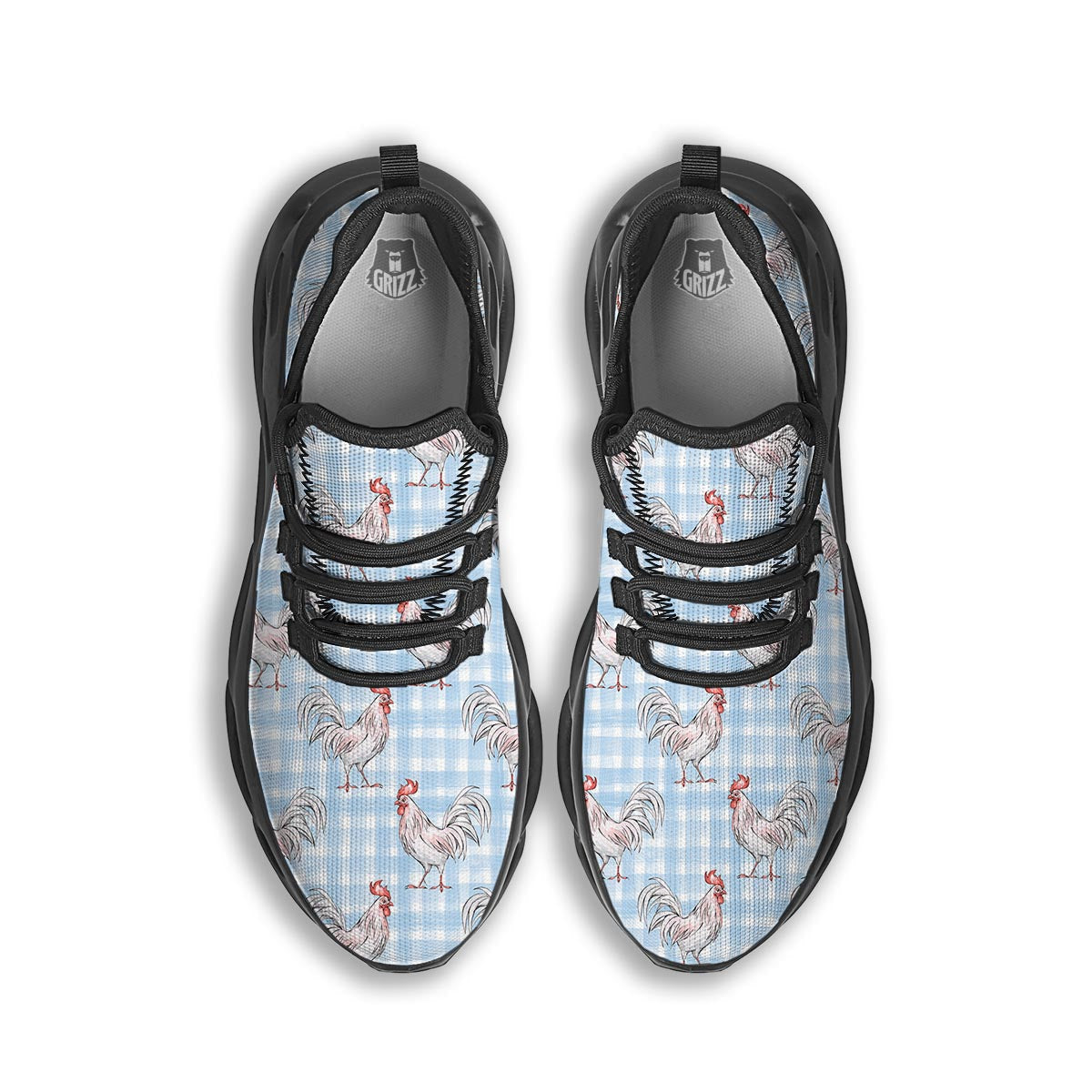 Plaid Rooster Print Pattern Black Running Shoes-grizzshop