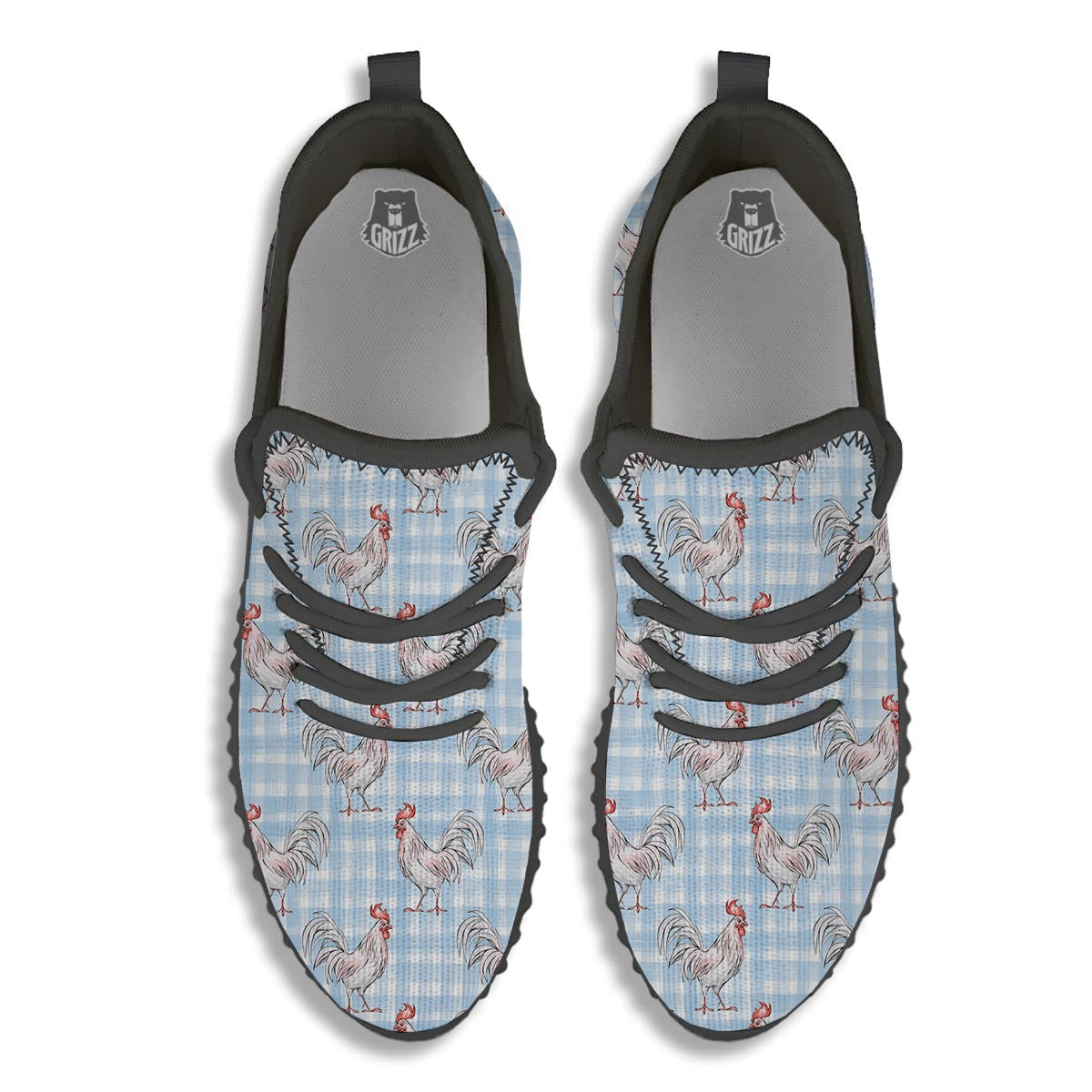 Plaid Rooster Print Pattern Black Walking Shoes-grizzshop